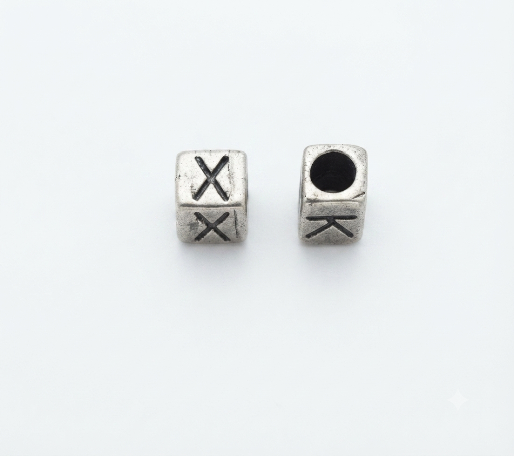 Lettere in zama a cubo mm. 6x6 con foro da mm. 4 col. argento antico (pack 1 pz.)
